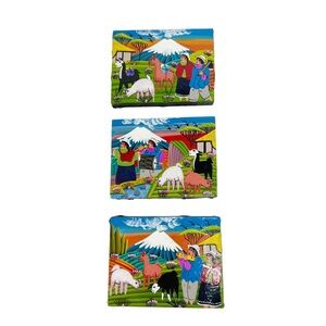 Lot Of 3 Ecuador Tigua Style Folk Art Stretched Leather Hide Mini Paintings